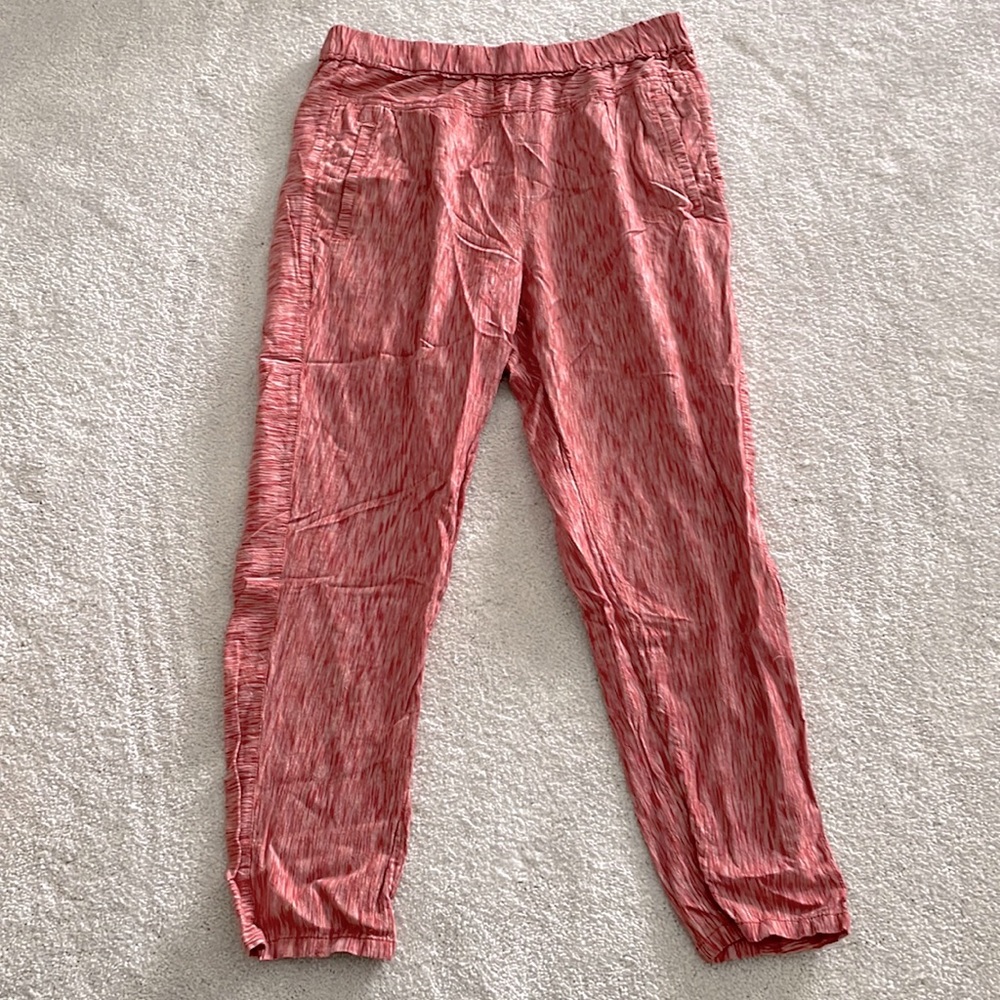 Super cute red and white patterned Anthropologie trousers